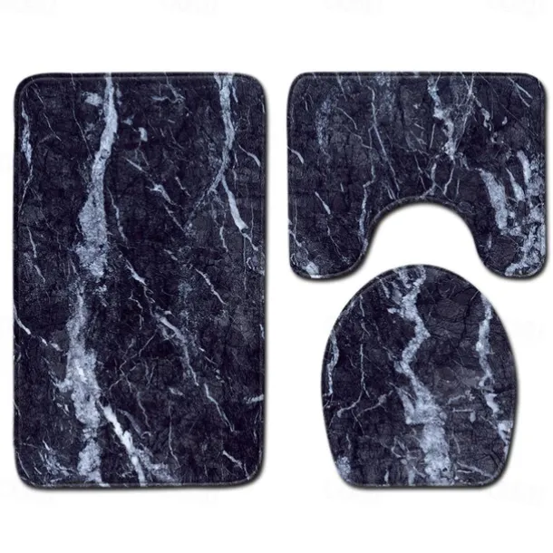 Set of 3 Pieces Bath Mat Non-slip Bathroom Rug, U Shaped Contour Rug & Toilet lid Cover, Marble Texture Bath mat, Non Slip & Soft Absorbent Polyester Carpet