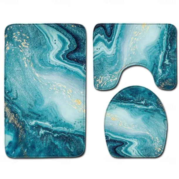 Set of 3 Pieces Bath Mat Non-slip Bathroom Rug, U Shaped Contour Rug & Toilet lid Cover, Marble Texture Bath mat, Non Slip & Soft Absorbent Polyester Carpet