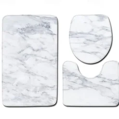 Set of 3 Pieces Bath Mat Non-slip Bathroom Rug, U Shaped Contour Rug & Toilet lid Cover, Marble Texture Bath mat, Non Slip & Soft Absorbent Polyester Carpet