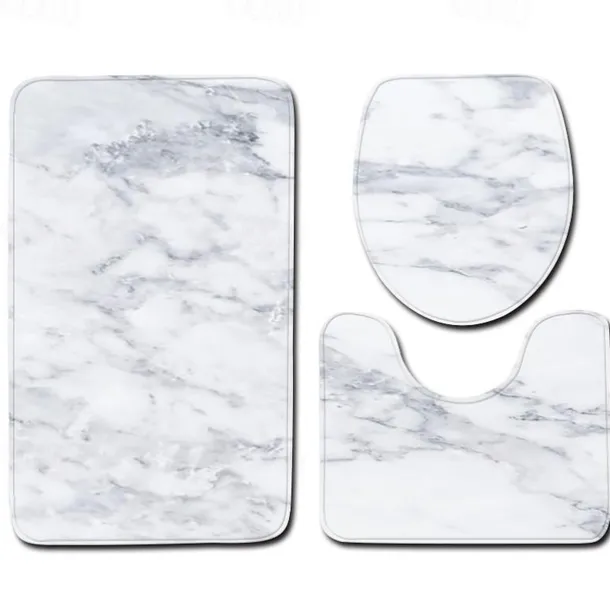 Set of 3 Pieces Bath Mat Non-slip Bathroom Rug, U Shaped Contour Rug & Toilet lid Cover, Marble Texture Bath mat, Non Slip & Soft Absorbent Polyester Carpet