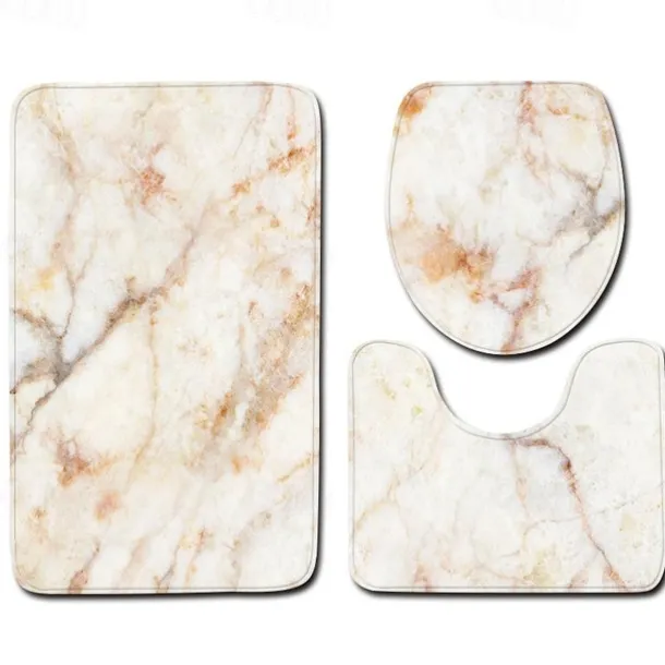 Set of 3 Pieces Bath Mat Non-slip Bathroom Rug, U Shaped Contour Rug & Toilet lid Cover, Marble Texture Bath mat, Non Slip & Soft Absorbent Polyester Carpet