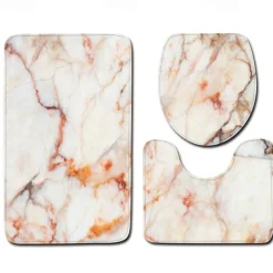 Set of 3 Pieces Bath Mat Non-slip Bathroom Rug, U Shaped Contour Rug & Toilet lid Cover, Marble Texture Bath mat, Non Slip & Soft Absorbent Polyester Carpet