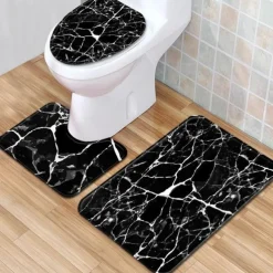 Set of 3 Pieces Bath Mat Non-slip Bathroom Rug, U Shaped Contour Rug & Toilet lid Cover, Marble Texture Bath mat, Non Slip & Soft Absorbent Polyester Carpet