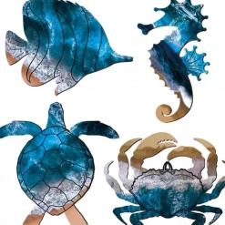 Set of 4 Seahorse Wall Decor Sea Turtle Fish Crab Starfish Sea Urchin Shell Conch Wall Art Decorations Outdoor Beach Theme Decor Ocean Fence Art Wood Outdoor Wall Art for Living Room Bathroom