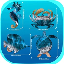 Set of 4 Seahorse Wall Decor Sea Turtle Fish Crab Starfish Sea Urchin Shell Conch Wall Art Decorations Outdoor Beach Theme Decor Ocean Fence Art Wood Outdoor Wall Art for Living Room Bathroom