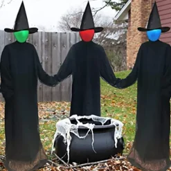 Set of 3 Witches Holding Hands Light Up Face Decoration, Scary Halloween Decorations Outdoor, Voice Control Screaming Witches Decor for Home Outside Yard Lawn Garden Party