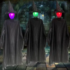 Set of 3 Witches Holding Hands Light Up Face Decoration, Scary Halloween Decorations Outdoor, Voice Control Screaming Witches Decor for Home Outside Yard Lawn Garden Party