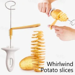 1Set Stainless Steel Tornado Potato Spiral Slicer - Manuel Cutter Spiral Screw Chips Reusable Potato Twister Fruits Vegetable Tools Kitchen Cooking Maker