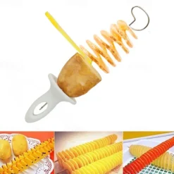 1Set Stainless Steel Tornado Potato Spiral Slicer - Manuel Cutter Spiral Screw Chips Reusable Potato Twister Fruits Vegetable Tools Kitchen Cooking Maker