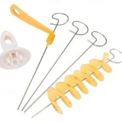 1Set Stainless Steel Tornado Potato Spiral Slicer - Manuel Cutter Spiral Screw Chips Reusable Potato Twister Fruits Vegetable Tools Kitchen Cooking Maker