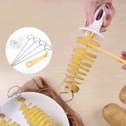 1Set Stainless Steel Tornado Potato Spiral Slicer - Manuel Cutter Spiral Screw Chips Reusable Potato Twister Fruits Vegetable Tools Kitchen Cooking Maker