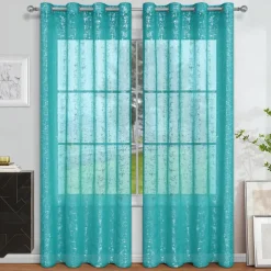 Sheer Curtain with Pattern Grommet Top Window Treatments Circle Printed Sheer for Bedroom, Turquoise Grey 1 Panel