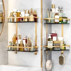 Shower Caddy Bathroom Corner Shelf Bathroom Shower Caddy Organizer for Kitchen Toilet No Drilling 2-tier Bathroom Corner Shelves Shower Caddies(Black&Golden)