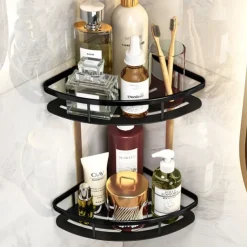 Shower Caddy Bathroom Corner Shelf Bathroom Shower Caddy Organizer for Kitchen Toilet No Drilling 2-tier Bathroom Corner Shelves Shower Caddies(Black&Golden)