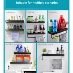 Shower Caddy Bathroom Shelves Wall Mounted Black Storage Organizer Rack Bathroom Kitchen Bathroom Hardware Pendant Bathroom Shelf Space Aluminum Shower Rack Corner Shelf Square Bath Shower Shelf