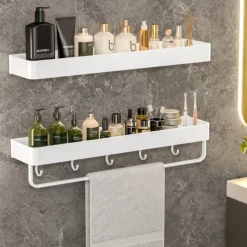 Shower Caddy Bathroom Shelves Wall Mounted White Storage Organizer Rack Bathroom Kitchen Bathroom Hardware Pendant Bathroom Shelf Space Aluminum Shower Rack Corner Shelf Square Bath Shower Shelf