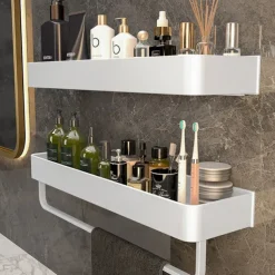Shower Caddy Bathroom Shelves Wall Mounted White Storage Organizer Rack Bathroom Kitchen Bathroom Hardware Pendant Bathroom Shelf Space Aluminum Shower Rack Corner Shelf Square Bath Shower Shelf