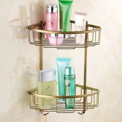 Shower Caddy Bathroom Shelf Standing, Bathroom Shelf Corner Basket Antique Brass Shower Caddy for Shampoo Soap Hair Dryer Holder Triangle Shelves Wall Mounted Basket Rack Shower