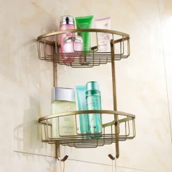 Shower Caddy Bathroom Shelf Standing, Bathroom Shelf Corner Basket Antique Brass Shower Caddy for Shampoo Soap Hair Dryer Holder Triangle Shelves Wall Mounted Basket Rack Shower