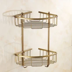 Shower Caddy Bathroom Shelf Standing, Bathroom Shelf Corner Basket Antique Brass Shower Caddy for Shampoo Soap Hair Dryer Holder Triangle Shelves Wall Mounted Basket Rack Shower