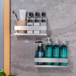 Shower Caddy Bathroom Shelf,Self-Adhesive Shower Shelf Stainless Steel Wall-mounted Punch-free Bathroom Storage For Bathroom,Kitchen(Brushed Nickel,Matte Black)