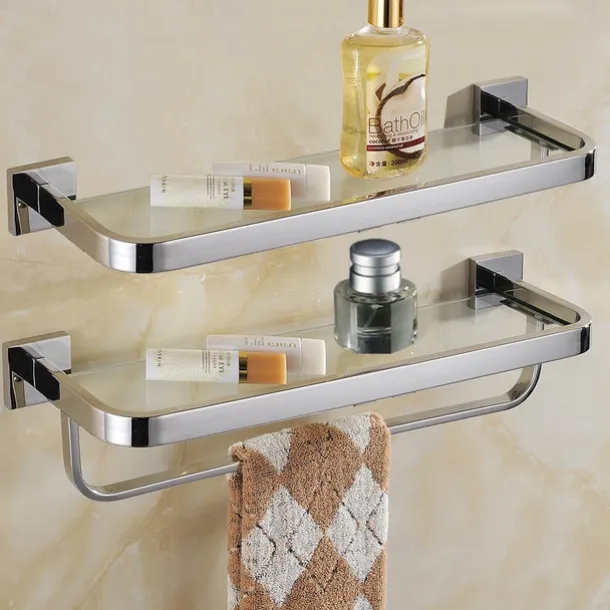 Shower Caddy 8mm Tempered Glass Toilet Shelf Bathroom Cosmetics Toiletries Storage Layer Shelf Thickened 304 Stainless Steel Mirror Bright Light Color, Various Specifications Are Available