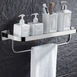 Shower Caddy Modern Bath Multifunctional Storage Rack With Towel Bar Stainless Steel Thickened Towel Rack Bathroom Tempered Glass Cosmetics Bathroom Supplies Storage Rack