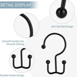 Shower Curtain Hooks, 12 Pcs Shower Curtain Rings, Durable Rust Proof Black Shower Curtain Hooks, Shower Rings for Curtain, Double Glide Shower Curtain Hooks for Shower Curtain Rods