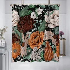 Shower Curtain with 12 Hooks 180cm*180cm(70"*70") Polyester Washable Waterproof Pattern Bathroom Bathtub Decor Vintage Peony Floral