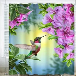 Shower Curtain With 12 Hooks, Waterproof and Mildew-Proof Polyester Bath Curtain, Machine Washable Fabric Bath Curtains, Hummingbirds Flowers Pattern Bathroom Decor