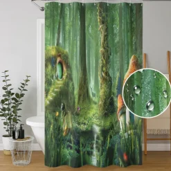 Shower Curtain with 12 Hooks 180cm*180cm(70"*70") Polyester Washable Waterproof Forest Landscape Pattern