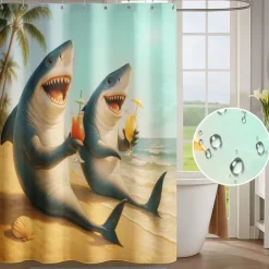 Shower Curtain with 12 Hooks 180cm*180cm(70"*70") Polyester Washable Waterproof Pattern Bathroom Bathtub Decor Animal Sharks