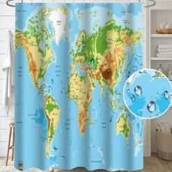 Shower Curtain with Hooks 180cm*180cm(70"*70") Polyester Washable Waterproof World Map Pattern