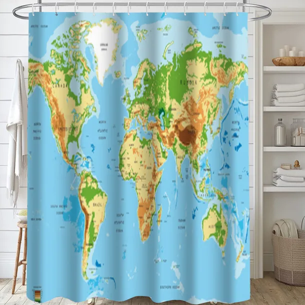 Shower Curtain with Hooks 180cm*180cm(70"*70") Polyester Washable Waterproof World Map Pattern