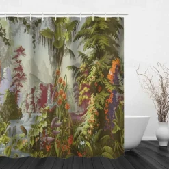 Shower Curtain with Hooks 180cm*180cm(70"*70") Polyester Washable Waterproof Forest Tropical Rainforest Plant Pattern Home Decoration Bathroom