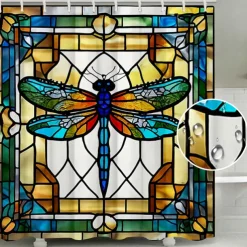Shower Curtain with Hooks 180cm*180cm(70"*70") Polyester Washable Waterproof Stained Glass Dragonfly Pattern Bathroom Decor