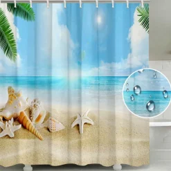 Shower Curtain with Hooks 180cm*180cm(70"*70") Polyester Washable Waterproof Ocean Beach Shells Pattern Bathroom Decor