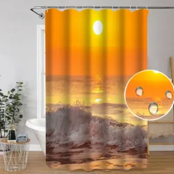 Shower Curtain with Hooks 180cm*180cm(70"*70") Polyester Washable Waterproof Sunrise Sunset Sea Seaside Coconut Tree Pattern