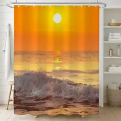 Shower Curtain with Hooks 180cm*180cm(70"*70") Polyester Washable Waterproof Sunrise Sunset Sea Seaside Coconut Tree Pattern