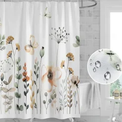 Shower Curtain with Hooks 180cm*180cm(70"*70") Polyester Washable Waterproof Pattern Bathroom Bathtub Decor Vintage Butterfly Flowers