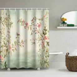 Shower Curtain with Hooks 180cm*180cm(70"*70") Polyester Washable Waterproof Pattern Bathroom Bathtub Decor Floral Bird Plant