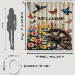 Shower Curtain with Hooks 180cm*180cm(70