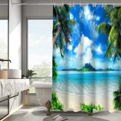 Shower Curtain with Hooks 180cm*180cm(70"*70") Polyester Washable Waterproof Pattern Bathroom Bathtub Decor Beach Seawater Coconut Tree Landscape