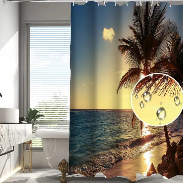 Shower Curtain with Hooks 180cm*180cm(70"*70") Polyester Washable Waterproof Pattern Bathroom Bathtub Decor Beach Seawater Coconut Tree Landscape