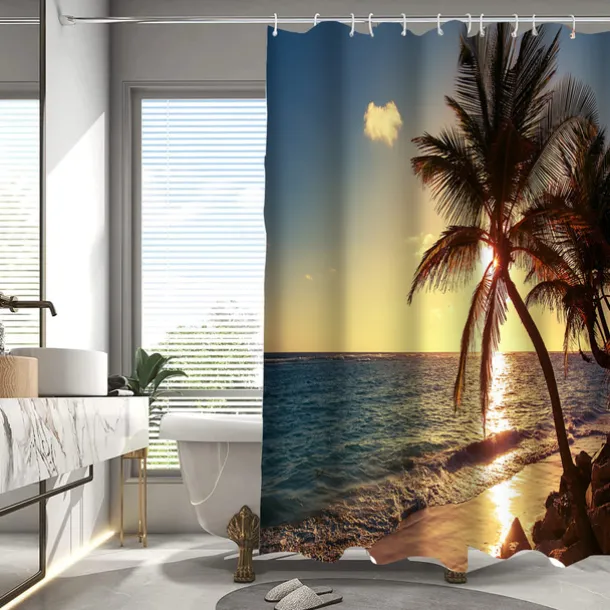 Shower Curtain with Hooks 180cm*180cm(70"*70") Polyester Washable Waterproof Pattern Bathroom Bathtub Decor Beach Seawater Coconut Tree Landscape