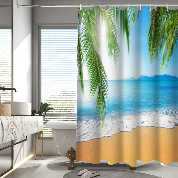 Shower Curtain with Hooks 180cm*180cm(70"*70") Polyester Washable Waterproof Pattern Bathroom Bathtub Decor Beach Seawater Coconut Tree Landscape