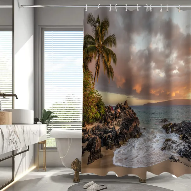 Shower Curtain with Hooks 180cm*180cm(70"*70") Polyester Washable Waterproof Pattern Bathroom Bathtub Decor Beach Seawater Coconut Tree Landscape
