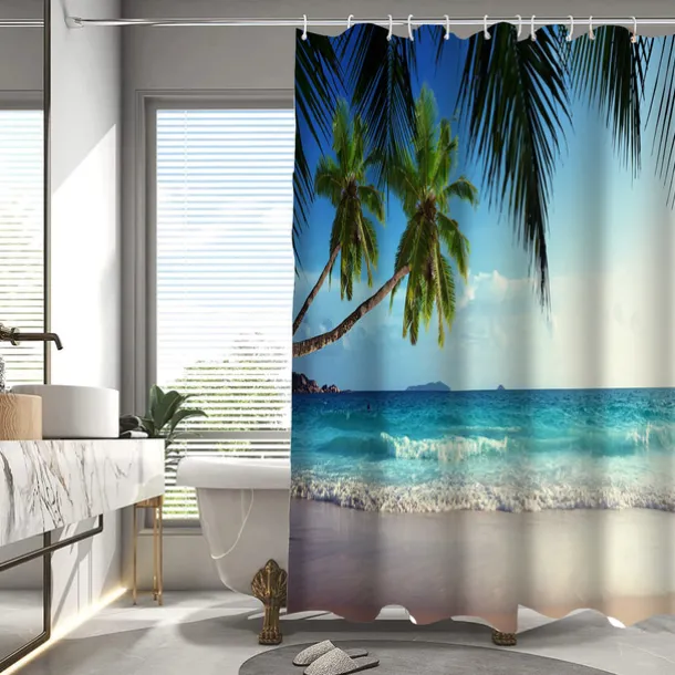 Shower Curtain with Hooks 180cm*180cm(70"*70") Polyester Washable Waterproof Pattern Bathroom Bathtub Decor Beach Seawater Coconut Tree Landscape