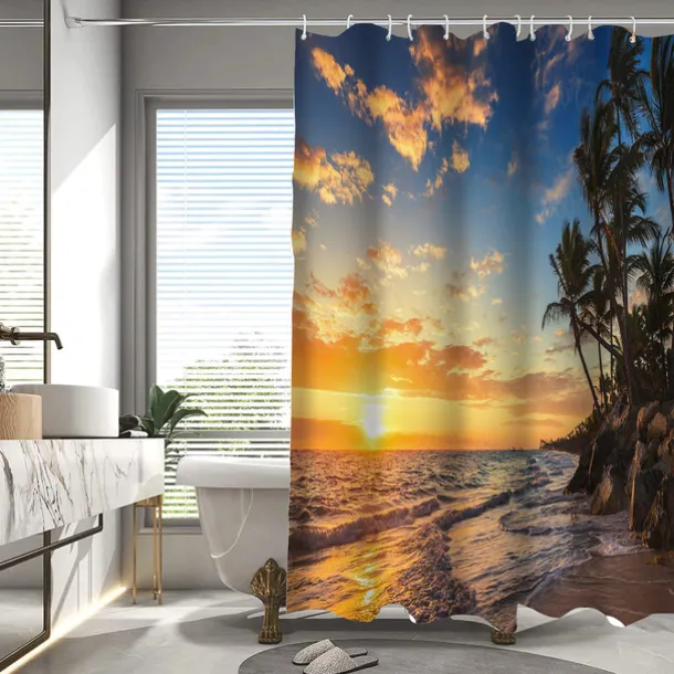 Shower Curtain with Hooks 180cm*180cm(70"*70") Polyester Washable Waterproof Pattern Bathroom Bathtub Decor Beach Seawater Coconut Tree Landscape