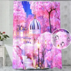 Shower Curtain with Hooks 180cm*180cm(70"*70") Polyester Washable Waterproof Pattern Bathroom Bathtub Decor Romantic Pink Flowers